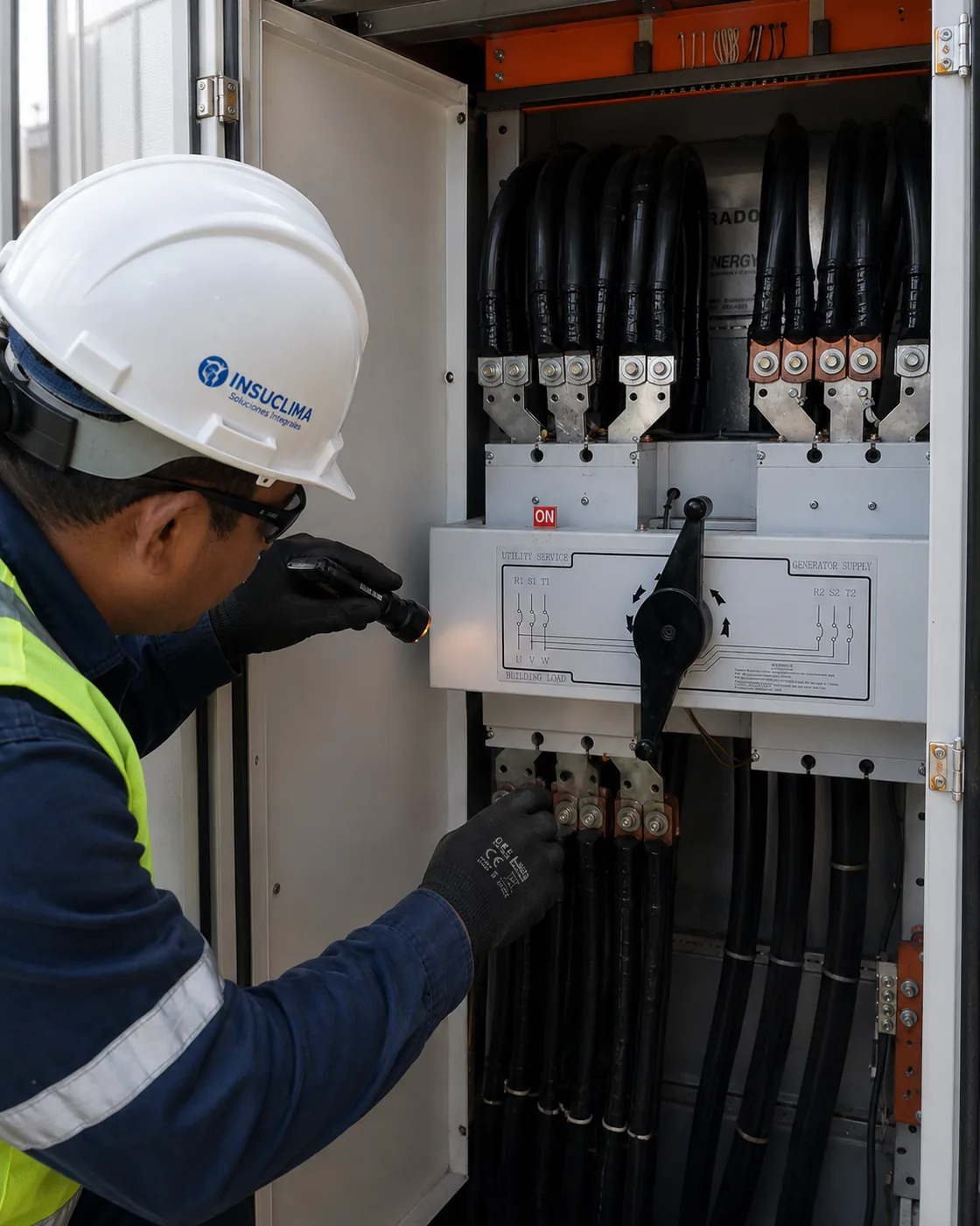 Técnico de Insuclima revisando un tablero de transferencia automática